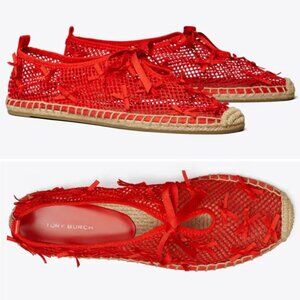 TORY BURCH Mini Bow Mesh Flats Espadrille Shoes Size 6 Blazing Red Mesh NEW $300